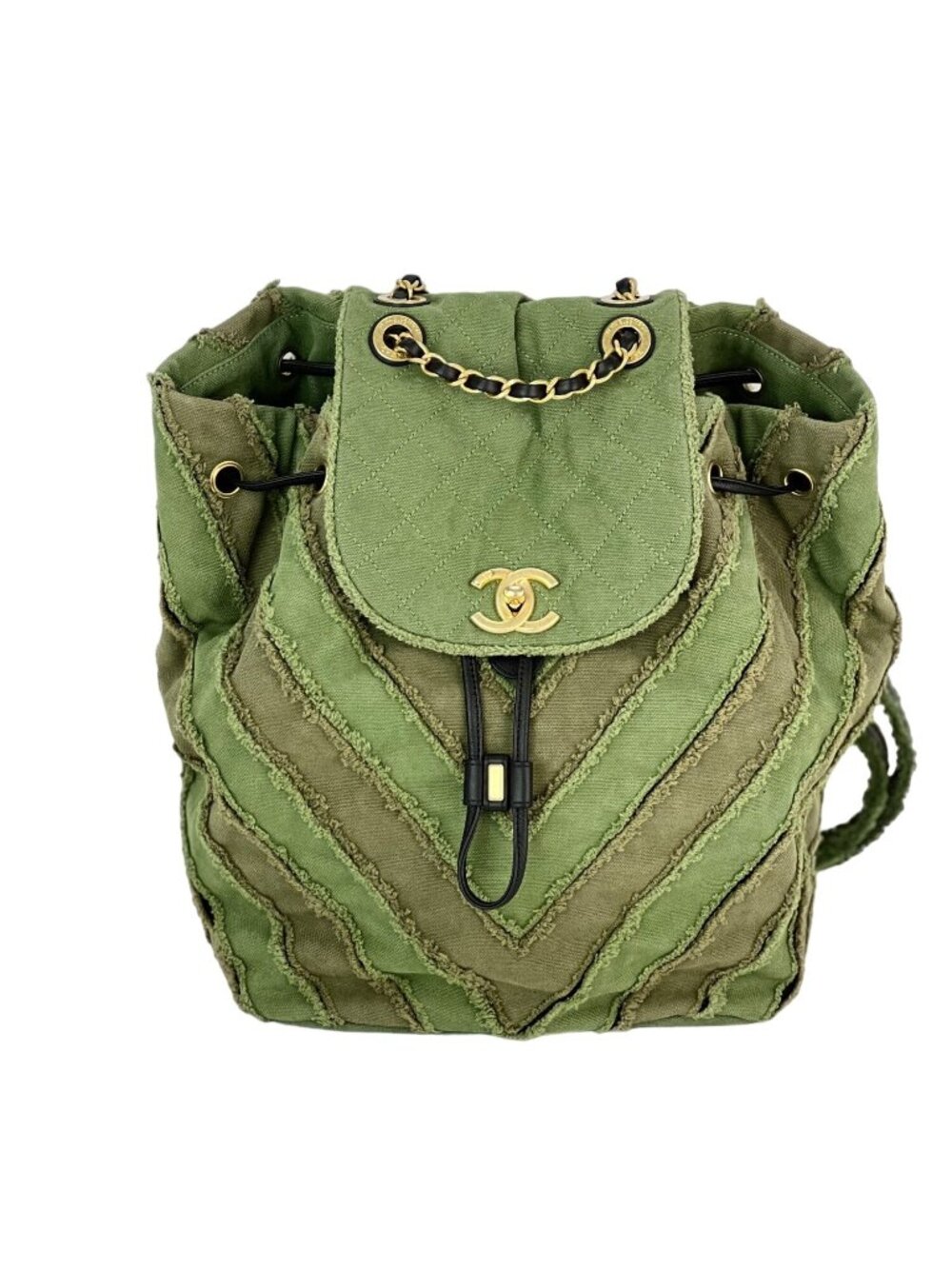 CHANEL Backpack Canvas Chevron Cuba Patchwork Khaki Green Backpack